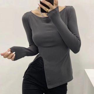 Side-split Long-sleeve Plain Top