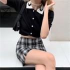 Short-sleeve Button-up Knit Crop Top / Plaid Mini Skirt