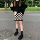 Checkerboard Knit Mini Pencil Skirt Checkerboard - Black & Almond - One Size