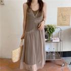 Set: Spaghetti-strap Plain Midi A-line Dress + Mesh Overall Dress Set Of 2 - Spaghetti-strap Dress & Mesh Dress - Greenish Brown - One Size