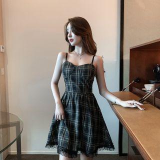 Spaghetti Strap Lace Trim Plaid Mini A-line Dress