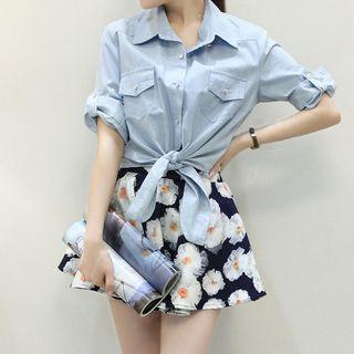 Set: 3/4-sleeve Denim Shirt + Floral A-line Skirt