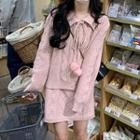 Collared Pom Pom Sweater / Knit Mini A-line Skirt
