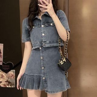 Short-sleeve Denim Top / Pleated Skirt