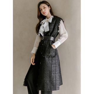 Sleeveless Fringed Tweed Coat With Belt