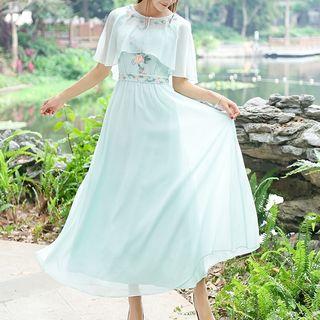 Sleeveless Embroidery Midi Dress With Cape