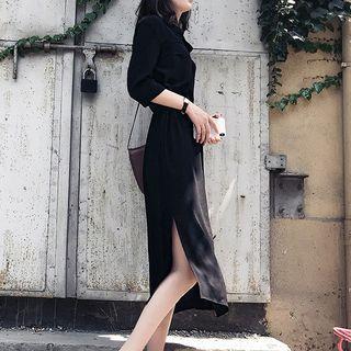 Elbow-sleeve Tie-waist Buttoned Midi Dress