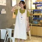 Button Detail Pinafore Dress / Plain Short-sleeve T-shirt