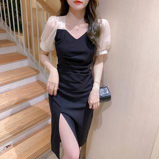 Short-sleeve Paneled Slit A-line Dress