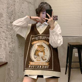 Cat Print Knit Vest / Plain Shirt
