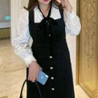 Long-sleeve Lace Blouse / Velvet Midi Sheath Overall Dress