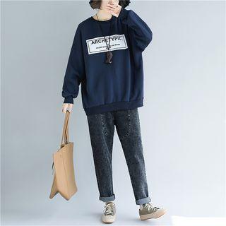 Letter Sweatshirt Fleece Lining - Navy Blue - One Size