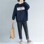 Letter Sweatshirt Fleece Lining - Navy Blue - One Size