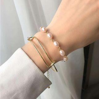 Set Of 2 : Faux Pearl Bracelet + Alloy Bangle B03-01-16 - Set Of 2 - Gold - One Size