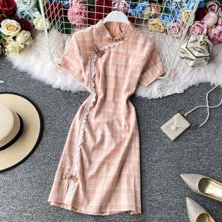 Lace-trim Frog-button Short-sleeve Check Qipao