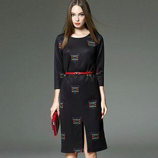 3/4-sleeve Embroidered Sheath Dress