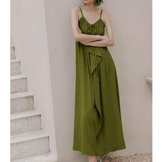 Spaghetti Strap Plain Maxi A-line Dress Green - One Size