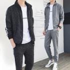 Set: Contrast-trim Stand Collar Zip Jacket + Jogger Pants