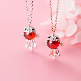 925 Sterling Silver Rhinestone & Bead Goldfish Pendant Necklace