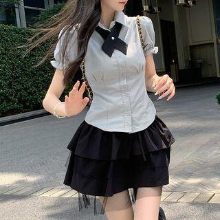 Puff-sleeve Bow-accent Shirt / Mesh-panel A-line Skirt