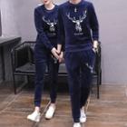 Couple Matching Set: Deer Embroidered Pullover + Cropped Harem Pants