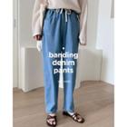 Drawstring-waist Baggy Jeans Light Blue - One Size
