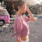 Short-sleeve Check Cropped Top