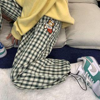 Bear Embroidered Gingham Sweatpants