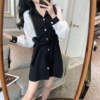 Two-tone Panel Tie-waist Mini A-line Dress