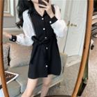 Two-tone Panel Tie-waist Mini A-line Dress