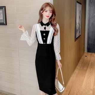 Long-sleeve Mesh Panel Midi Bodycon Dress