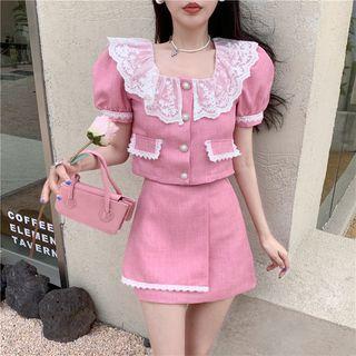 Short-sleeve Lace Trim Cropped Blouse / Mini Skirt