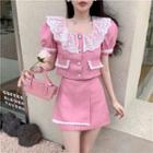 Short-sleeve Lace Trim Cropped Blouse / Mini Skirt