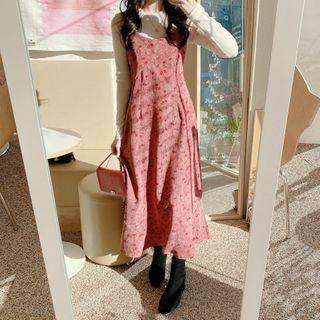 Long-sleeve T-shirt / Spaghetti Strap Floral Print Midi Pinafore Dress
