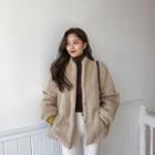 Snap-button Ribbed Eco Fur Jacket