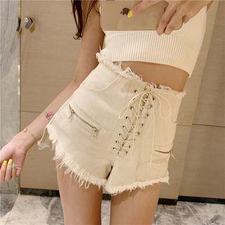 Halter Sleeveless Knit Top / Lace-up Fray Hem Denim Hot Pants