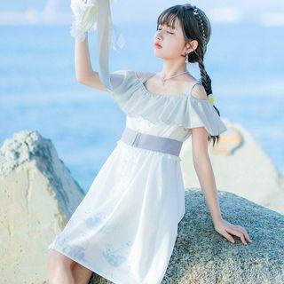 Off-shoulder Printed Short-sleeve A-line Dress