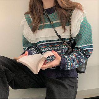 Ruffle Pattern Sweater Dark Blue & Green - One Size