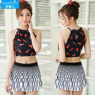 Set: Printed Halter Cropped Bikini Top + Swim Skirt