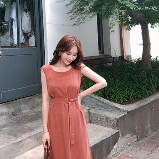 Sleeveless Slit-side Dress With Belt