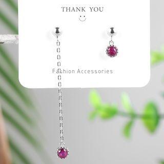 Rhinestone Asymmetrical Sterling Silver Dangle Earring 1 Pair - Red Rhinestone - Silver - One Size