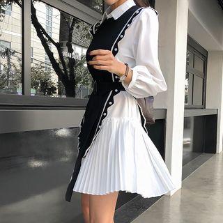 Set: Belted Knit Vest + Pleated Shirtdress Black - One Size