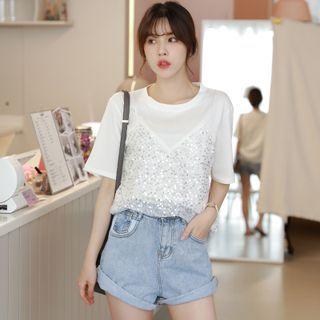 Mock Two-piece Sequined T-shirt 6a161 - White - One Size