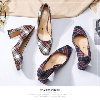Plaid Chunky-heel Square-toe Pumps