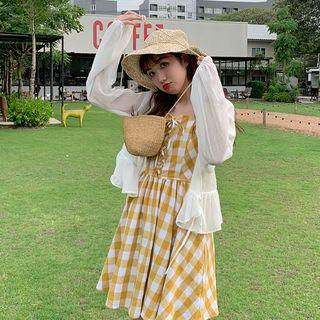 Checked Spaghetti Strap Dress / Chiffon Light Jacket