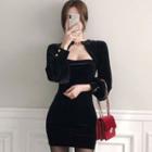 Puff-sleeve Chained Cutout Sheath Dress