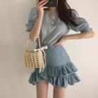 Striped Puff-sleeve Blouse / Ruffle-trim High-waist Mini Skirt