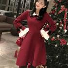Long-sleeve Pleat-trim A-line Knit Dress