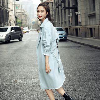 Fray-hem Waist-tied Denim Coat