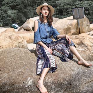 Set: Cold Shoulder 3/4-sleeve Top + Cropped Wide-leg Pants